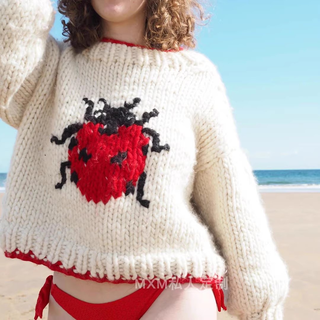 Pull en laine pure à motif coc - Embroidery Lady Bug avis et prix